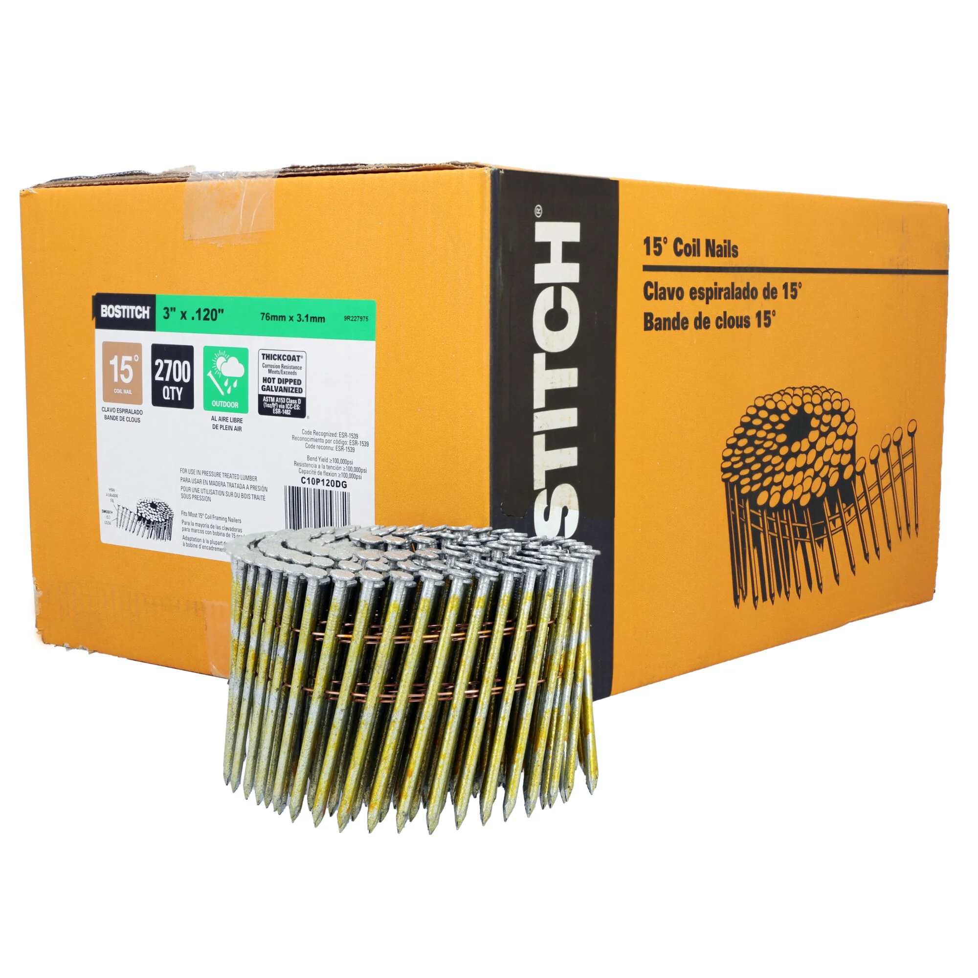 BOSTITCH Thickcoat Round Head 3-Inch By .120-Inch 15 Degree Coil Framing Nail (2,700 Per Box)