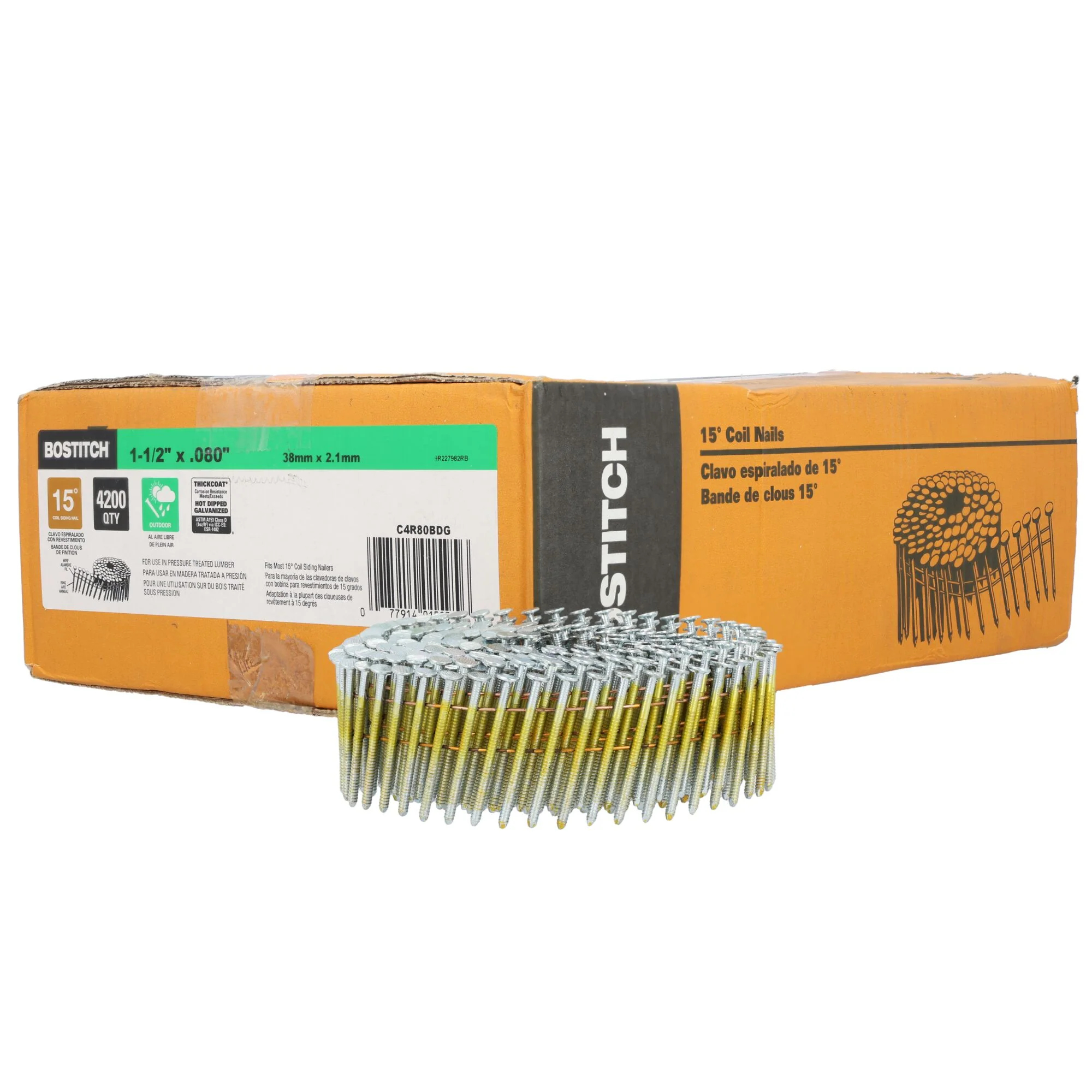 BOSTITCH Framing Nails, Thick coat Round Head, 1-1/2-Inch By .080-Inch By 15 Degree Ring Shank Coil, Sliding Nail, 4,200-Pack