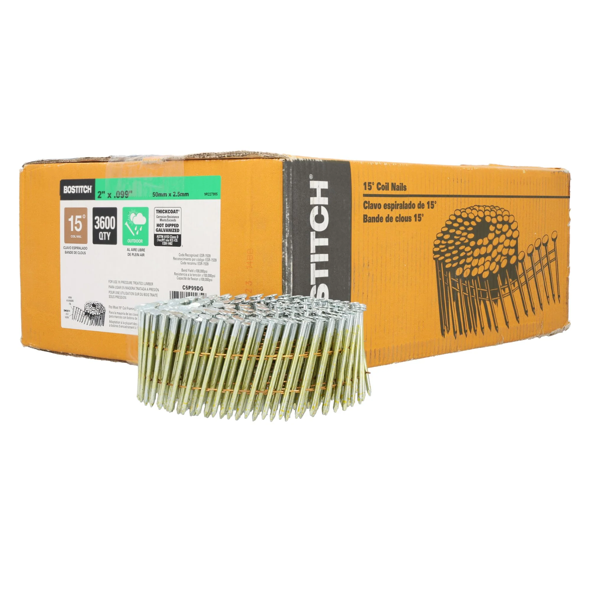 BOSTITCH Thickcoat Round Head 2-Inch By .099-Inch 15 Degree Coil Framing Nail (3,600 Per Box)