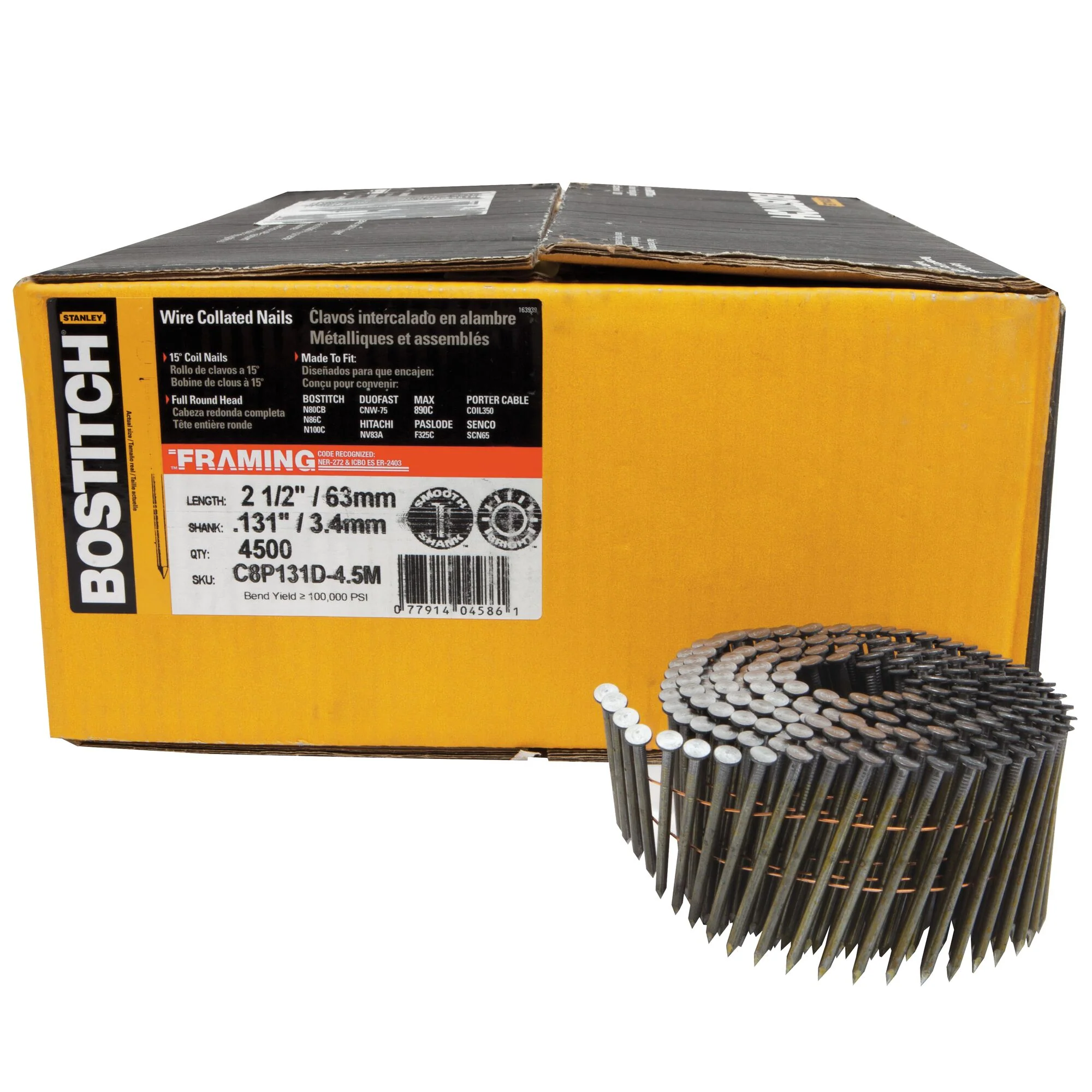 BOSTITCH 4,500-Qty. 2-1/2" X .131 Smooth Shank 15 Degree Coil Framing Nails