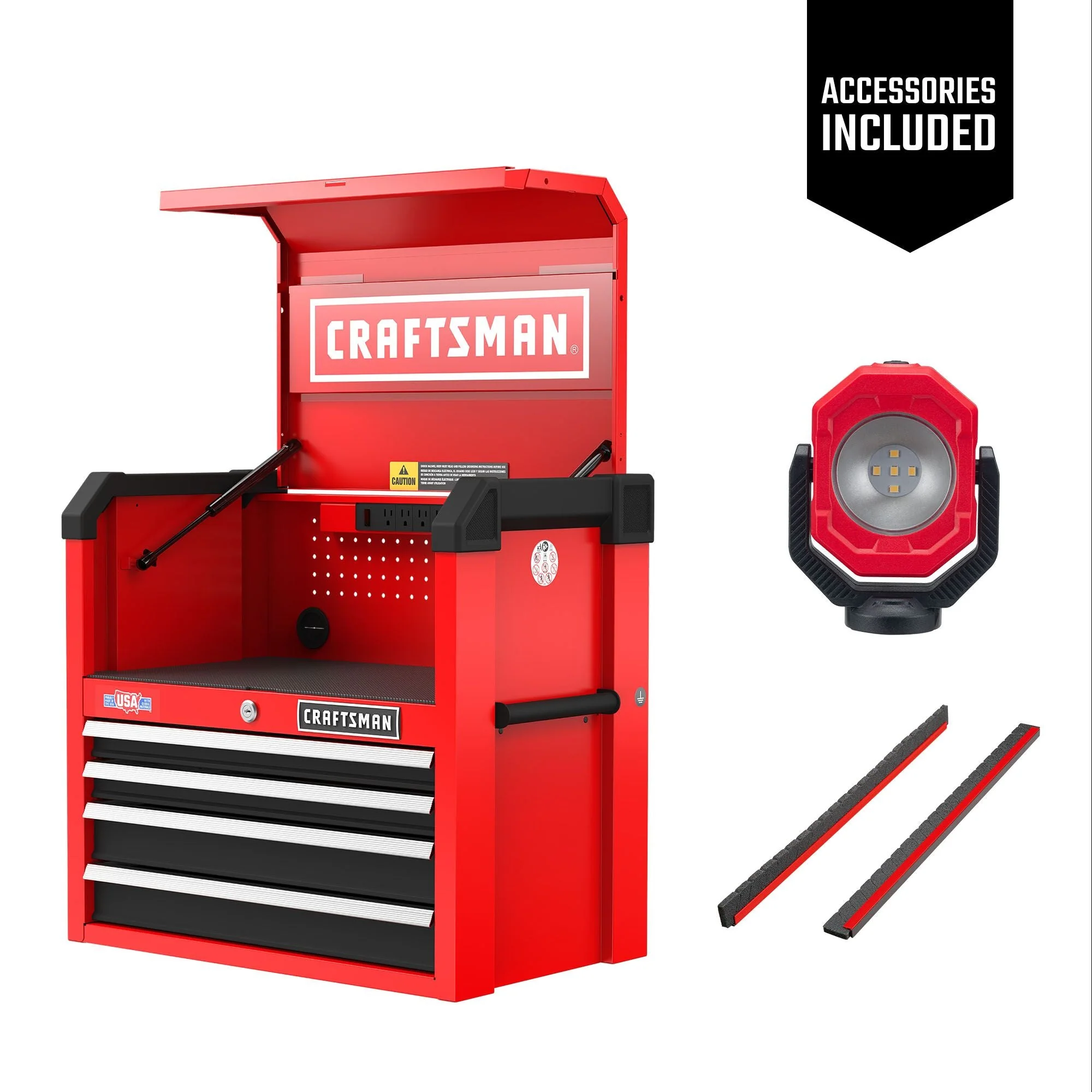 CRAFTSMAN Chest: Gloss Red with Glass Black Drawers, 26” W x 16” D x 24.5” H, Black, 4 Drawers