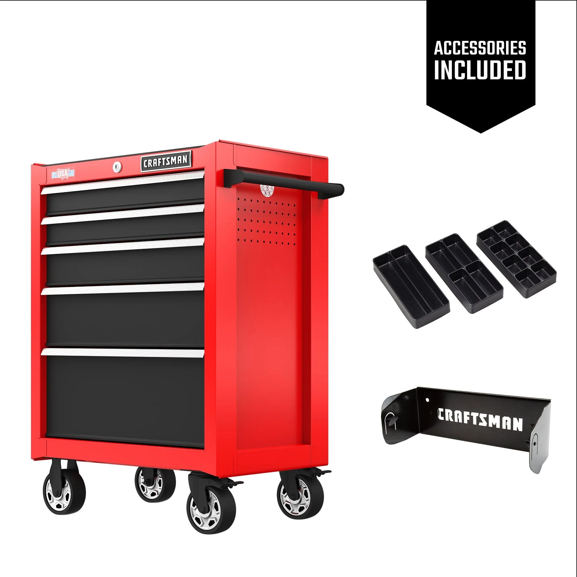 CRAFTSMAN Cabinets: Gloss Red with Gloss Black Drawers, 26.5” W x 18” D x 37.5” H, Red, 5 Drawers