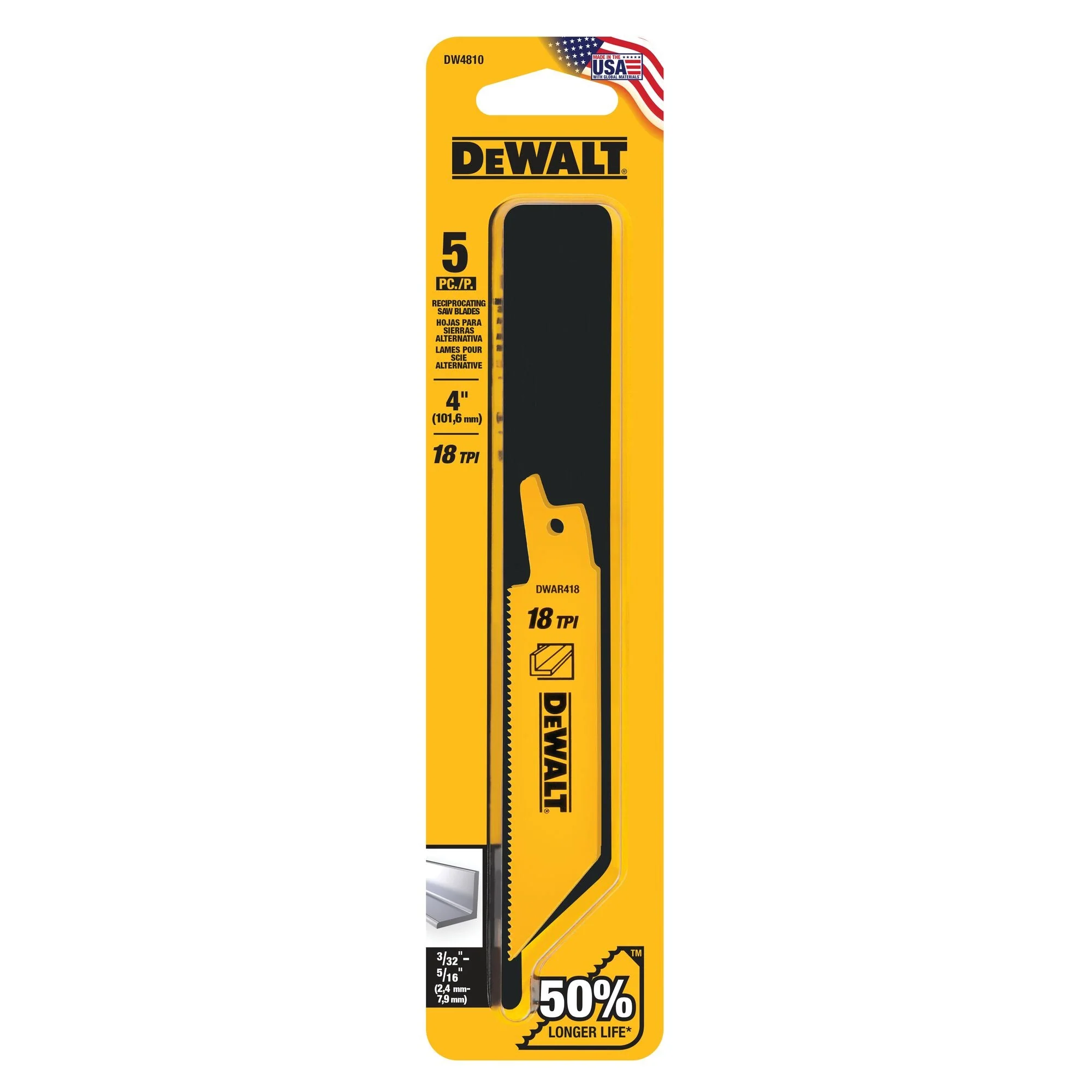DEWALT Reciprocating Saw Blades, Straight Back, 4-Inch, 18 Tpi, 5-Pack