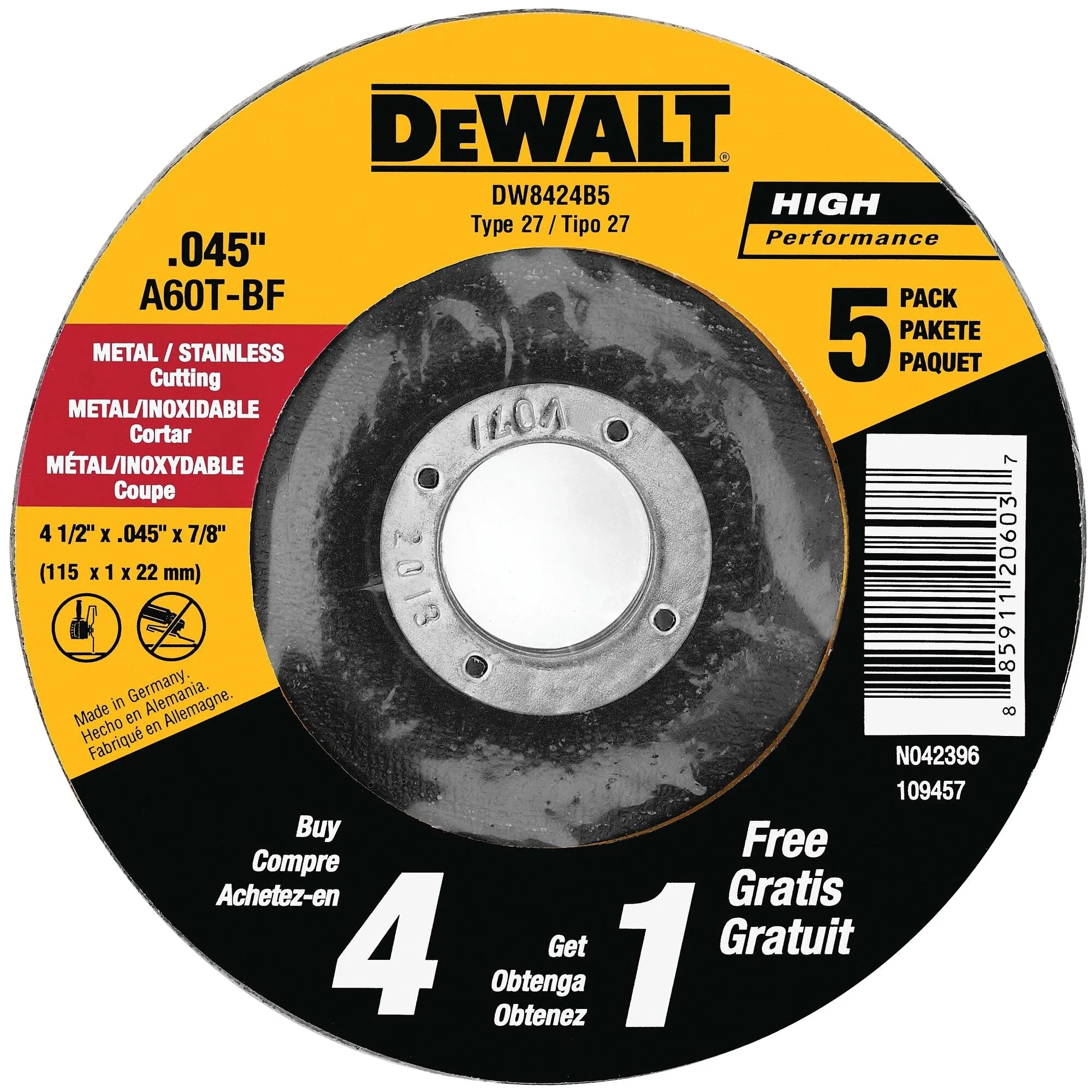 DEWALT Cutting Wheel, All Purpose, 4-1/2-Inch, 5-Pack
