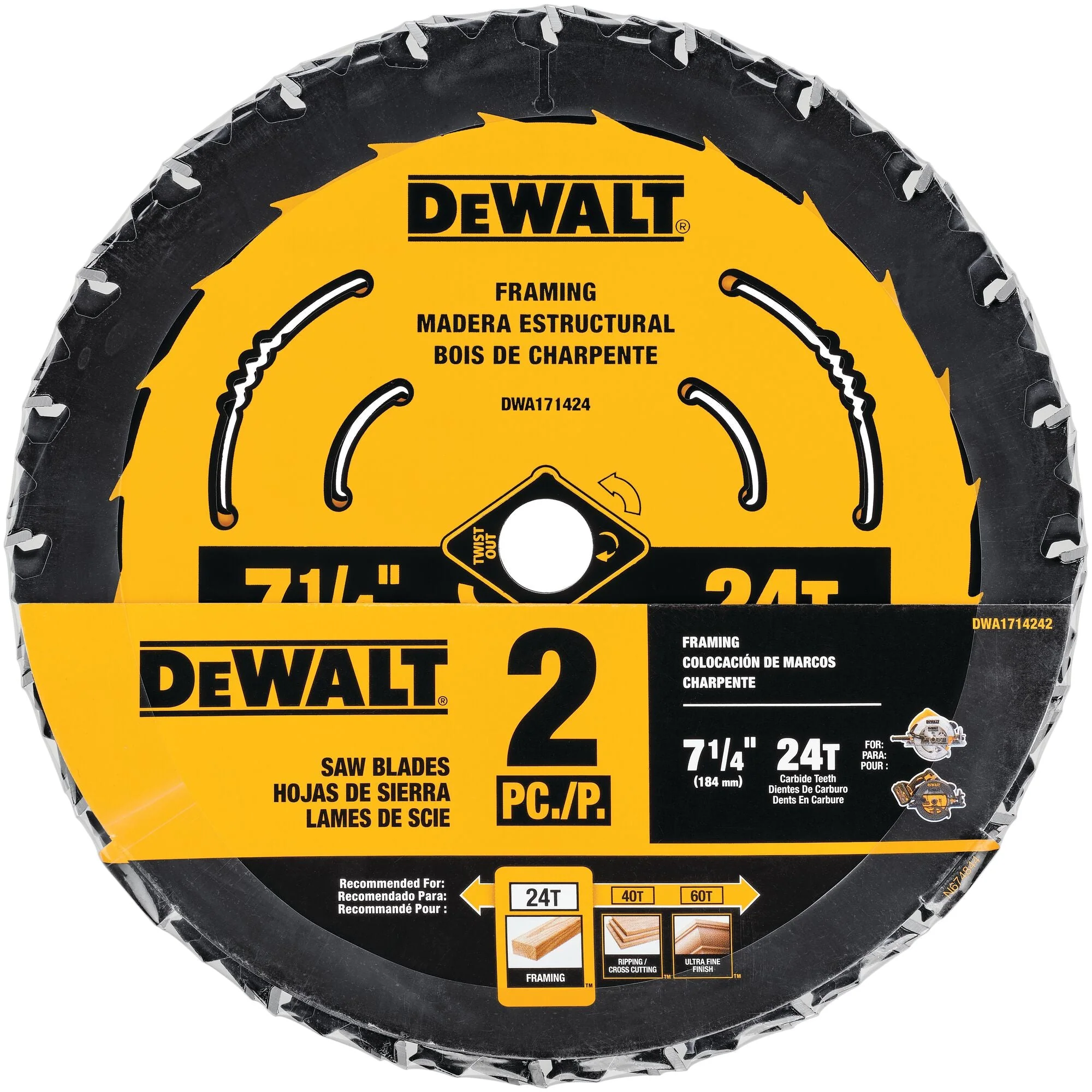 DEWALT 7-1/4-Inch 24-Tooth Circular Saw Blade, 2-Pack