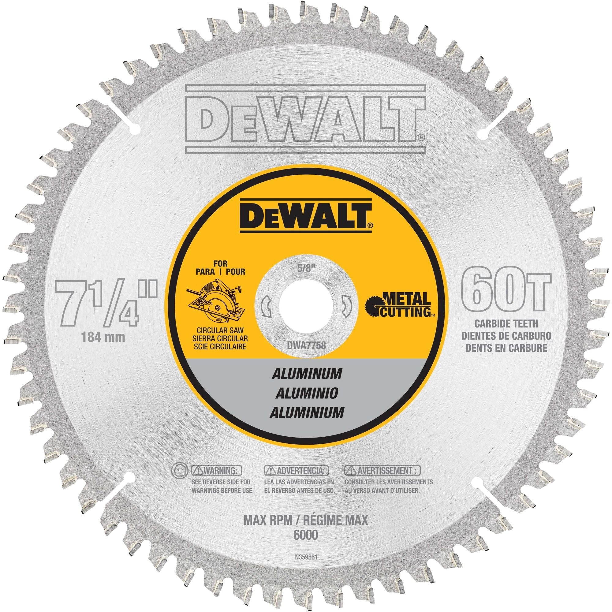 DEWALT DWA7758 60 Teeth Aluminum Cutting 5/8-Inch Arbor, 7-1/4-Inch