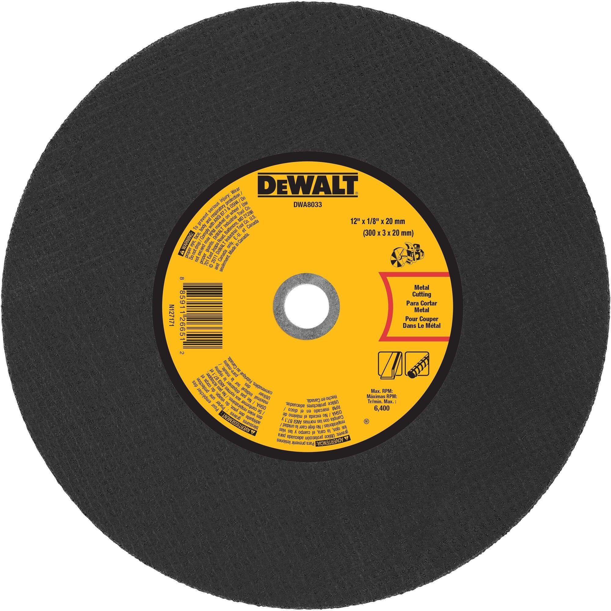 DEWALT 12" X 1/8" X 20Mm Metal Portable Saw Cut-Off Wheel