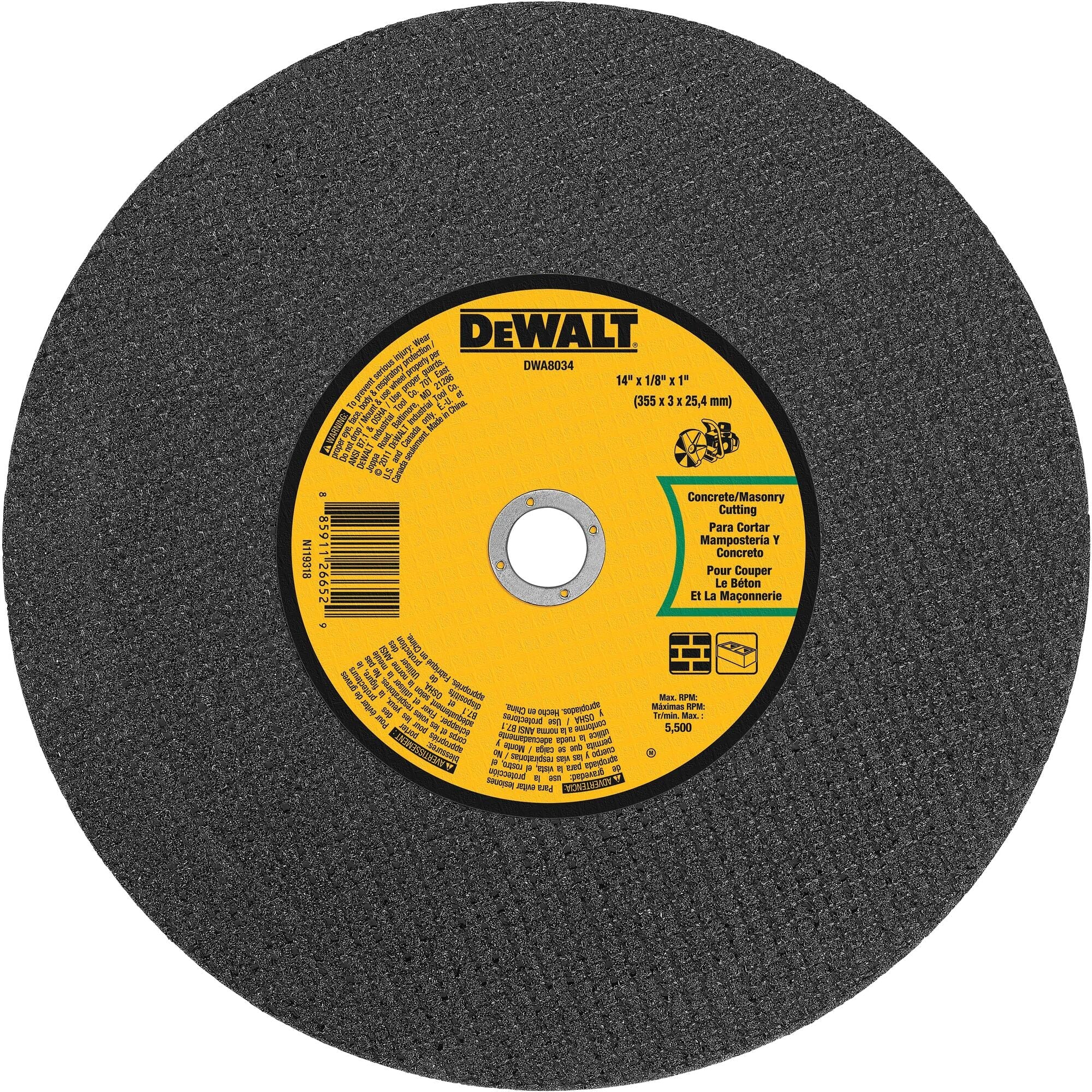 DEWALT 14 In x 1/8 in Aluminum Oxide Abrasive Chop / Cut-Off Blade with 1 in Arbor For Concrete & Masonry Cutting (1 Pack)