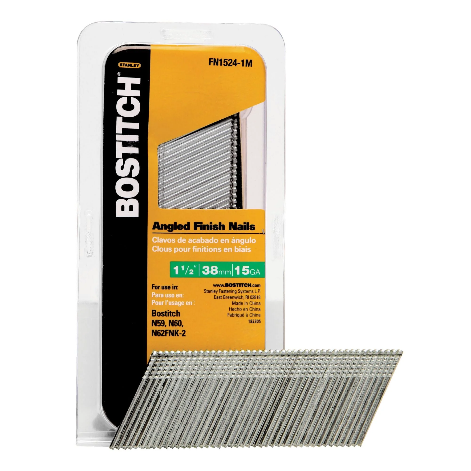 BOSTITCH Finish Nails, Finishing Style, Angled, 1-1/2-Inch, 15Ga, 1000-Pack