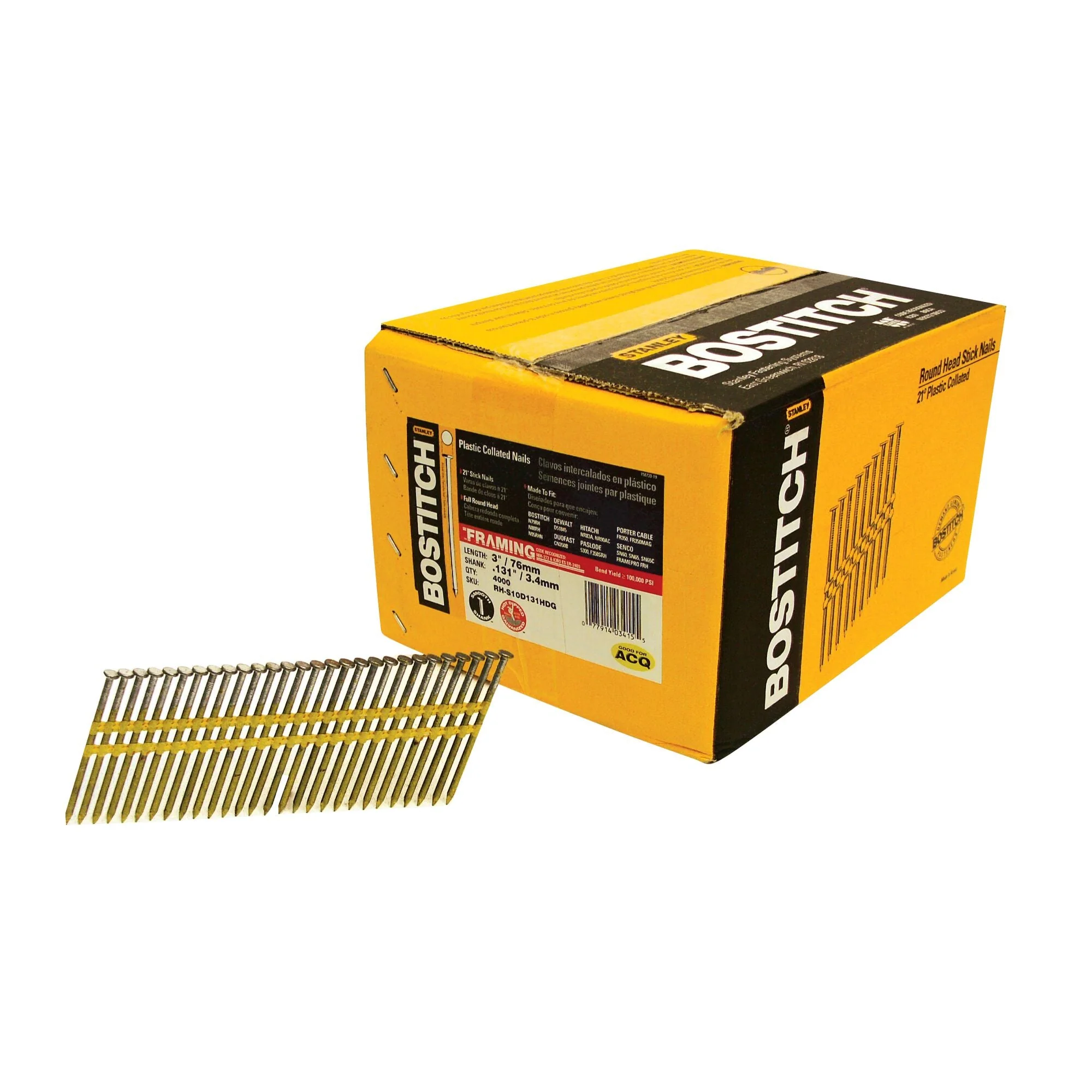 BOSTITCH Round Head 3-Inch By .131-Inch By 21 Degree Plastic Collated Galvanized Framing Nail (4,000 Per Box)