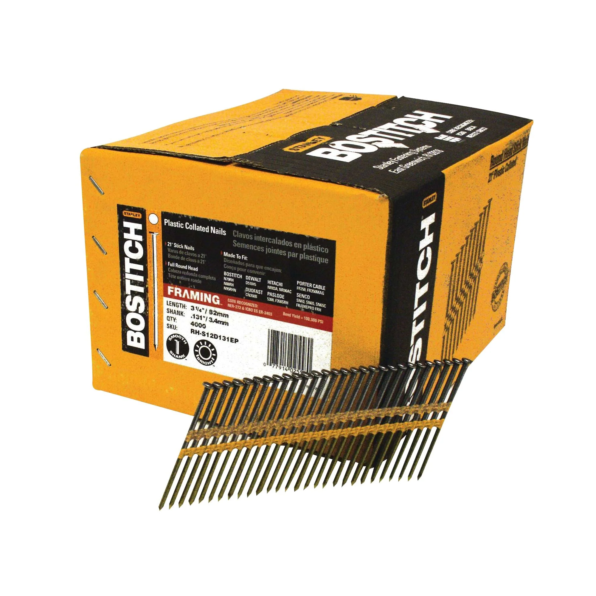 4,000-Qty. 3-1/4" X.131 Smooth Shank 21 Degree Plastic Collated Stick Framing Nails