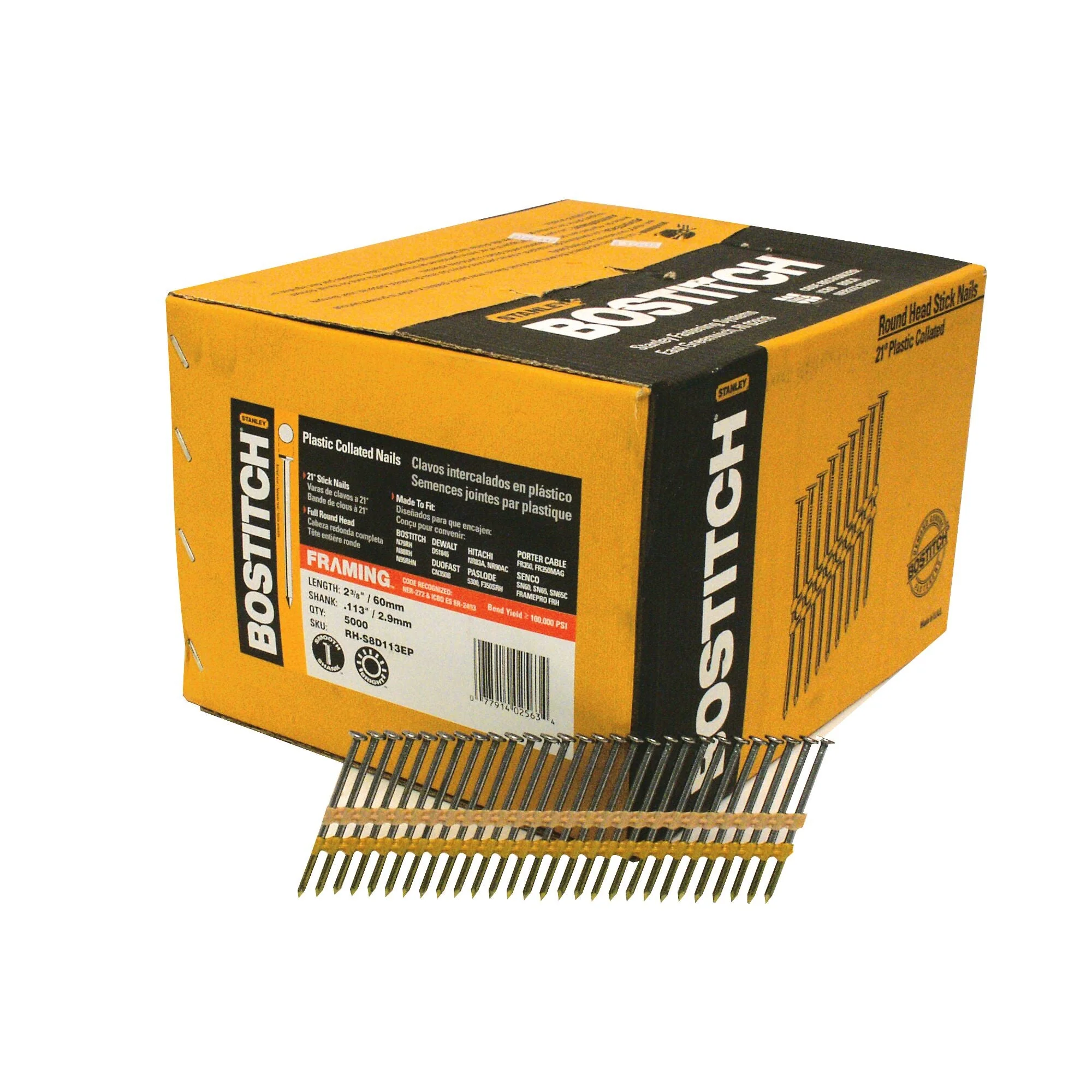 5,000-Qty. 2-3/8" X .113 Smooth Shank 21 Degree Plastic Collated Stick Framing Nails