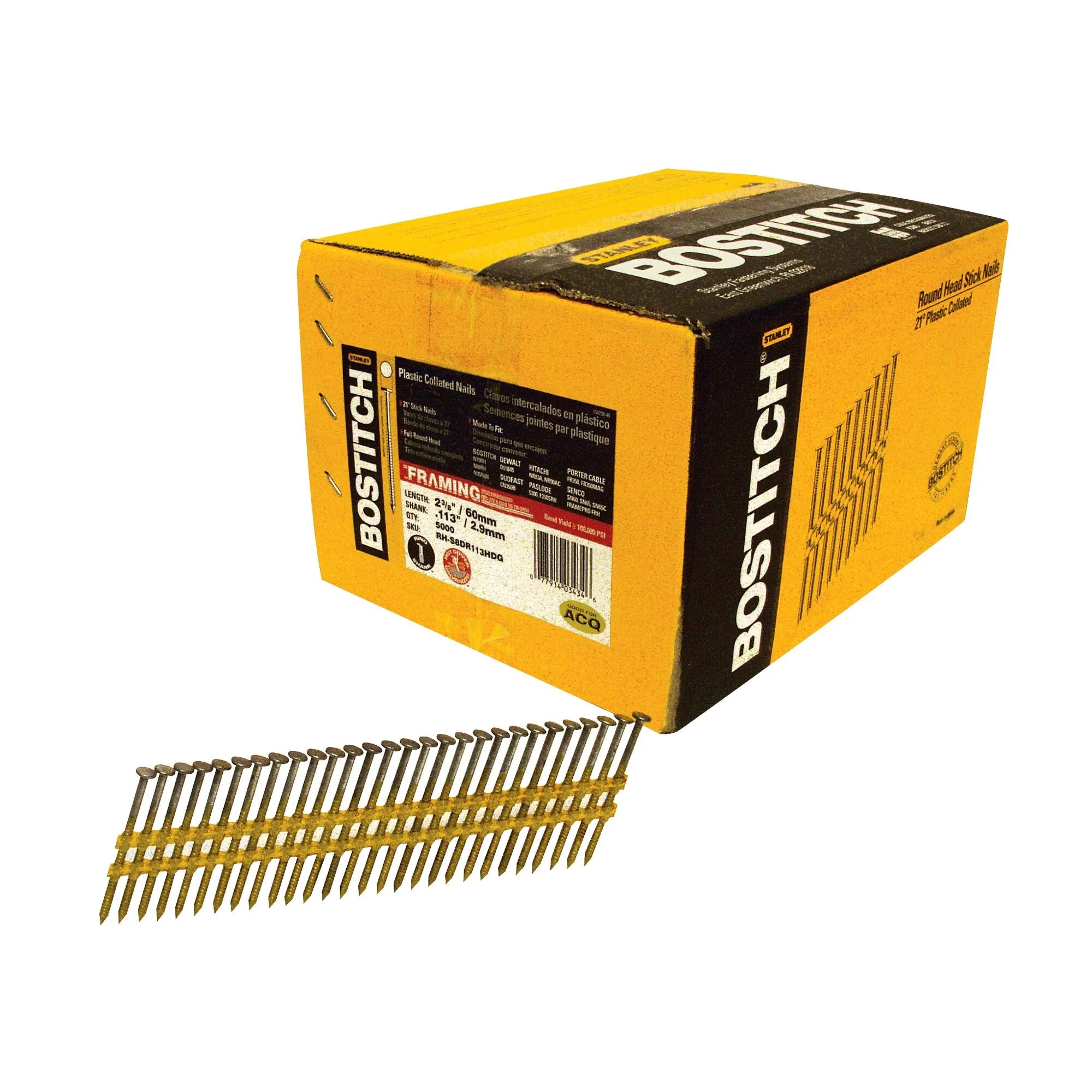 BOSTITCH Round Head. 2-3/8-Inch By .113-Inch By 21 Degree Plastic Collated Ring-Shank Galvanized Framing Nail (5,000 Per Box)