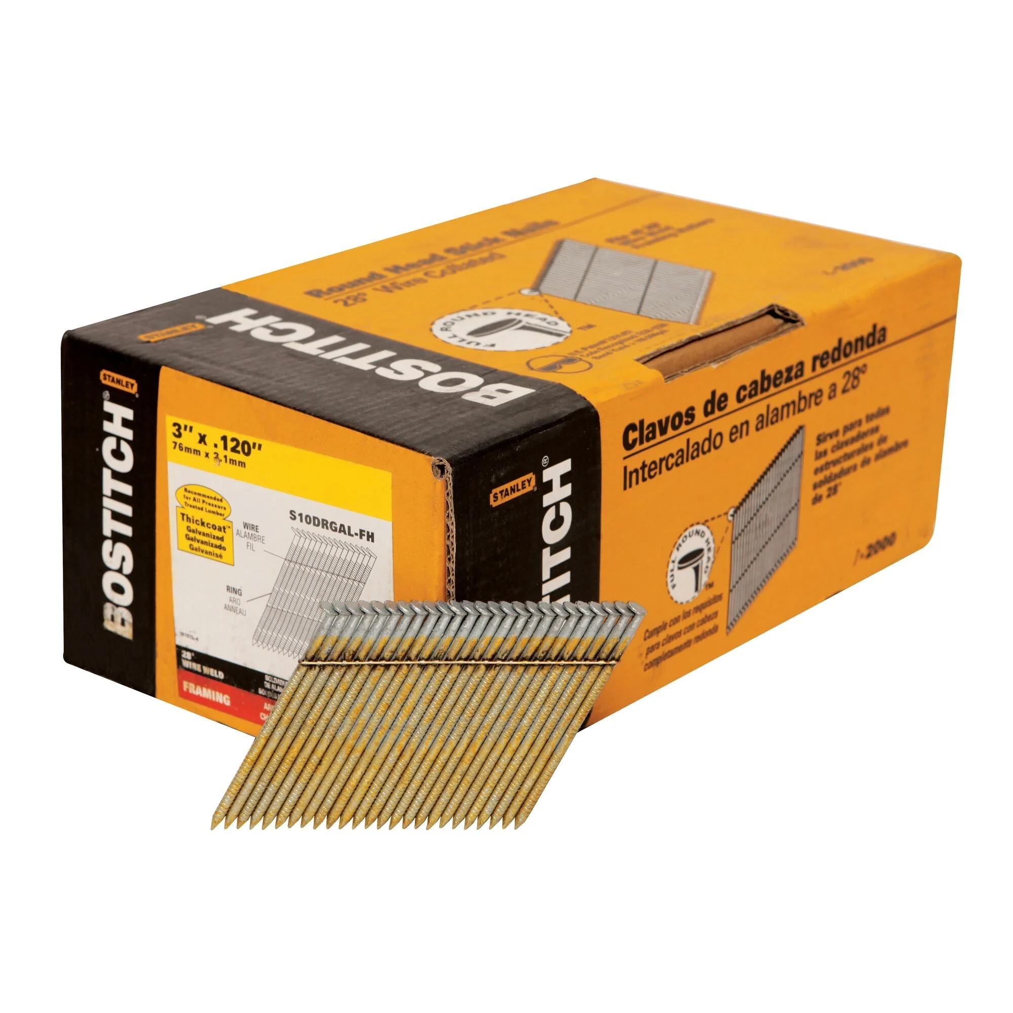 BOSTITCH Framing Nails, 28 Degree, Wire Weld, Galvanized, 3-Inch X .120-Inch, 2000-Pack