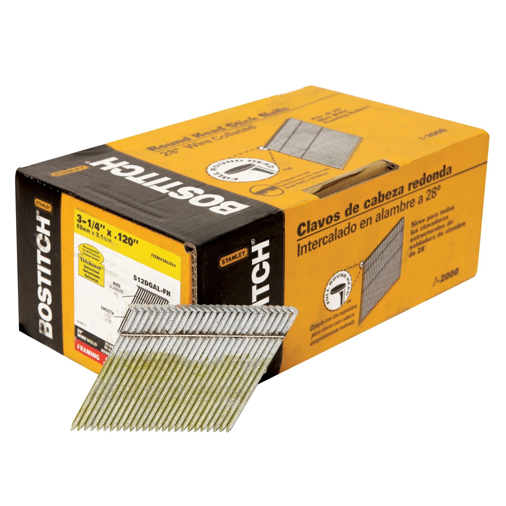 BOSTITCH Framing Nails, 28 Degree, Wire Weld, Galvanized, 3-1/4-Inch X .120-Inch, 2000-Pack