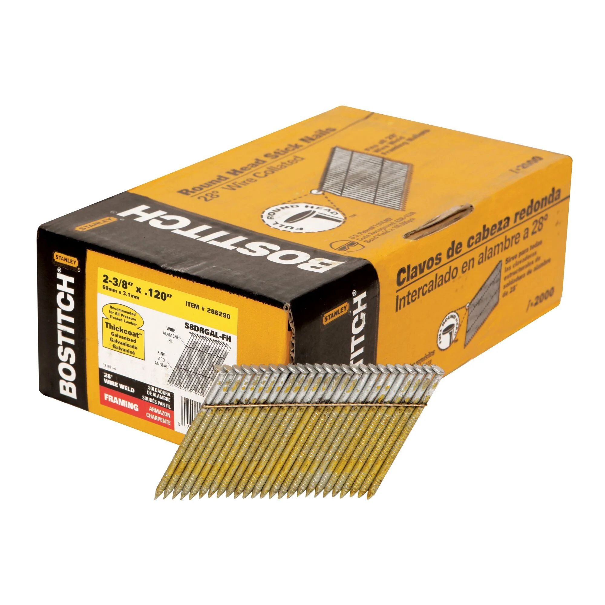 BOSTITCH Framing Nails, Wire Weld, Galvanized, Ring Shank, 28 Degree, 2-3/8-Inch X .120-Inch, 2000-Pack
